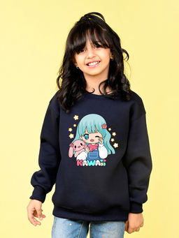 Nusyl - Girls Navy Blue Kawaii Text Printed Round Neck Oversized Sweatshirt