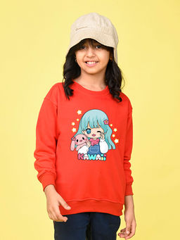 Nusyl - Girls Red Cute Girl and Kawaii Text Printed Round Neck Oversized Sweatshirt