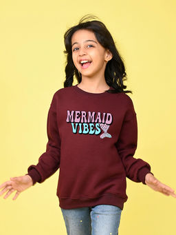 Nusyl - Girls Burgundy Mermaid Vibes Text Printed Round Neck Oversized Sweatshirt