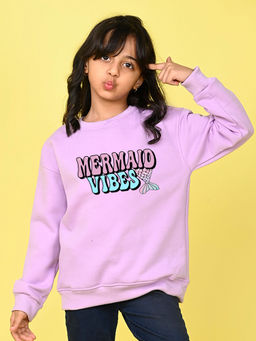 Nusyl - Girls Lilac Mermaid Vibes Text Printed Round Neck Oversized Sweatshirt