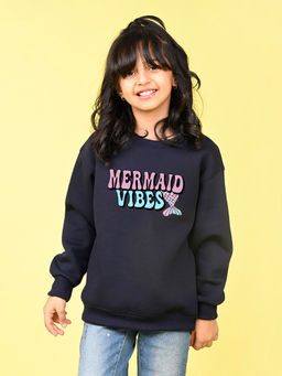 Nusyl - Girls Navy Blue Mermaid Vibes Text Printed Round Neck Oversized Sweatshirt
