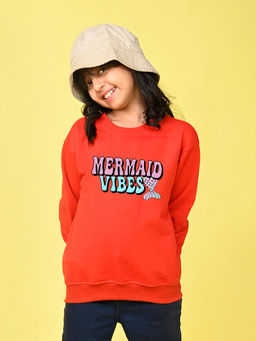Nusyl - Girls Red Mermaid Vibes Text Printed Round Neck Oversized Sweatshirt
