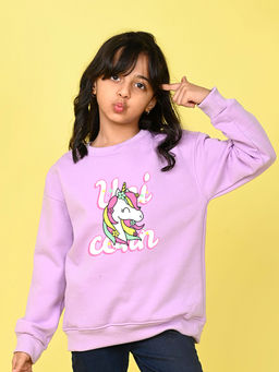 Nusyl - Girls Lilac Unicorn and Text Printed Round Neck Oversized Sweatshirt