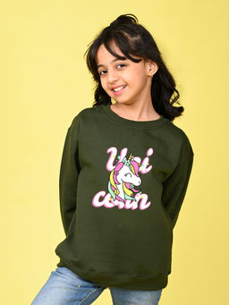 Nusyl - Girls Olive Unicorn and Text Printed Round Neck Oversized Sweatshirt