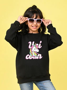 Nusyl - Girls Black Unicorn and Text Printed Round Neck Oversized Sweatshirt