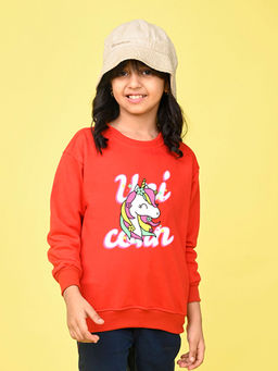 Nusyl - Girls Red Unicorn and Text Printed Round Neck Oversized Sweatshirt