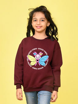 Nusyl - Girls Burgundy Butterfly and Text Printed Round Neck Oversized Sweatshirt