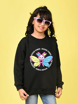 Nusyl - Girls Black Butterfly and Text Printed Round Neck Oversized Sweatshirt