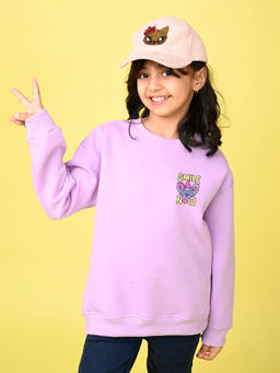 Nusyl - Girls Lilac Smile Now Text Printed Round Neck Oversized Sweatshirt