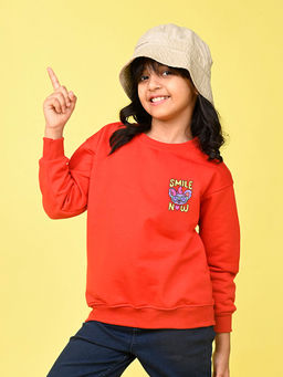 Nusyl - Girls Red Smile Now Text Printed Round Neck Oversized Sweatshirt