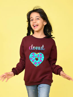 Nusyl - Girls Burgundy Text Printed Round Neck Oversized Sweatshirt