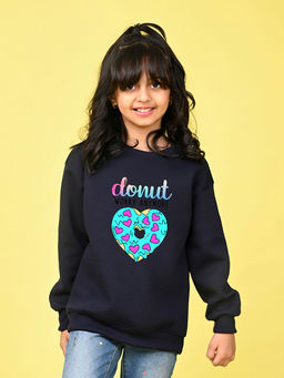 Nusyl - Girls Navy Blue Text Printed Round Neck Oversized Sweatshirt