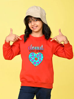 Nusyl - Girls Red Donut Worry Anymore Text Printed Round Neck Oversized Sweatshirt