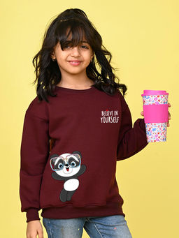 Nusyl - Girls Burgundy Text Printed Round Neck Oversized Sweatshirt