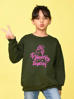 Nusyl - Girls Olive Princess Unicorn Text Printed Round Neck Oversized Sweatshirt