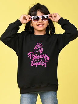 Nusyl - Girls Black Princess Unicorn Text Printed Round Neck Oversized Sweatshirt