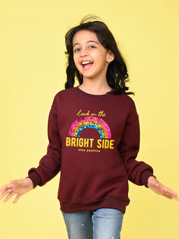 Nusyl - Girls Burgundy Stay Positive Text Printed Round Neck Oversized Sweatshirt