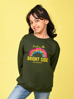 Nusyl - Girls Olive Stay Positive Text Printed Round Neck Oversized Sweatshirt