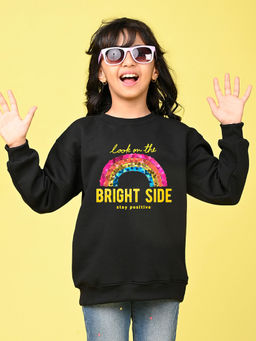 Nusyl - Girls Black Stay Positive Text Printed Round Neck Oversized Sweatshirt