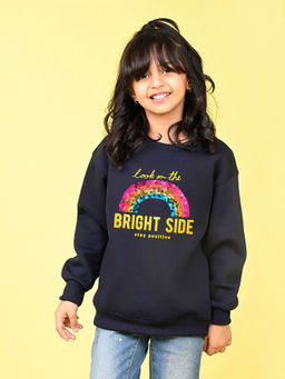 Nusyl - Girls Navy Blue Stay Positive Text Printed Round Neck Oversized Sweatshirt