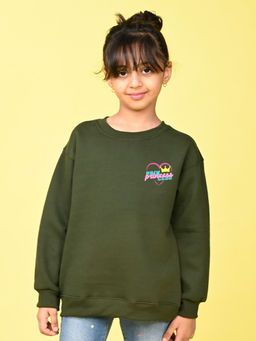 Nusyl - Girls Olive Princess Text Printed Round Neck Oversized Sweatshirt