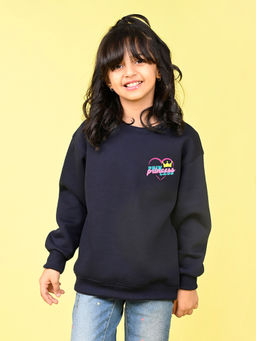 Nusyl - Girls Navy Blue Princess Text Printed Round Neck Oversized Sweatshirt
