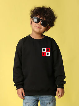 Nusyl - Boys Black Rock Text Printed Oversized Round Neck Sweatshirt