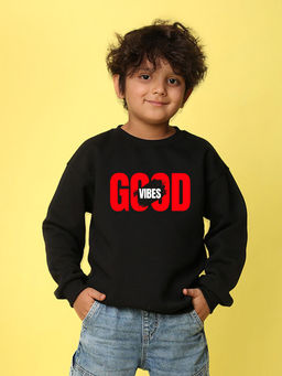 Nusyl - Boys Black Good Vibes Text Printed Oversized Round Neck Sweatshirt