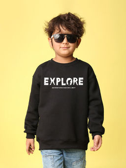 Nusyl - Boys Black Explore Text Printed Oversized Round Neck Sweatshirt