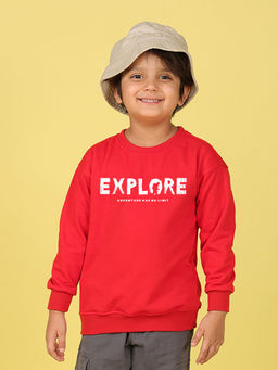 Nusyl - Boys Red Explore Text Printed Oversized Round Neck Sweatshirt