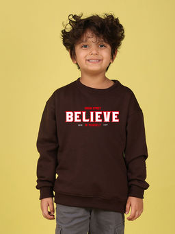 Nusyl - Boys Brown Believe Text Printed Oversized Round Neck Sweatshirt
