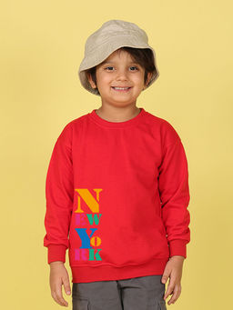 Nusyl - Boys Red New York Text Printed Oversized Round Neck Sweatshirt