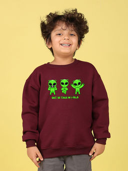 Nusyl - Boys Burgundy Out Of This World Text Printed Oversized Round Neck Sweatshirt