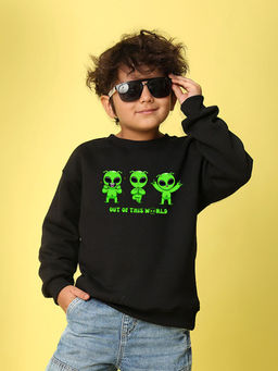 Nusyl - Boys Black Out Of This World Text Printed Oversized Round Neck Sweatshirt