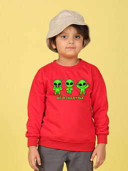 Nusyl - Boys Red Out Of This World Text Printed Oversized Round Neck Sweatshirt