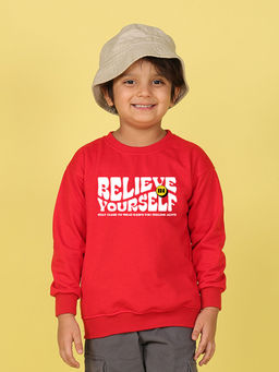 Nusyl - Boys Red Believe Yourself Text Printed Oversized Round Neck Sweatshirt