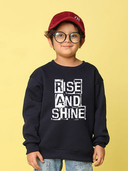 Nusyl - Boys Navy Blue Rise and Shine Text Printed Oversized Round Neck Sweatshirt