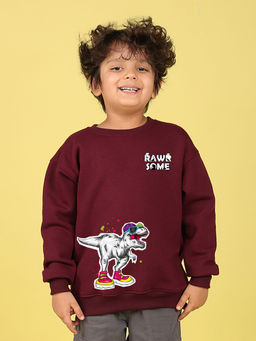 Nusyl - Boys Burgundy Dinosaur Printed Oversized Round Neck Sweatshirt