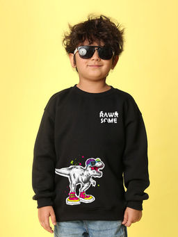 Nusyl - Boys Black Dinosaur Printed Oversized Round Neck Sweatshirt