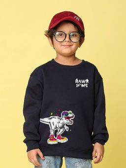 Nusyl - Boys Navy Blue Dinosaur Printed Oversized Round Neck Sweatshirt