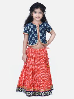 BownBee - Block Print Front Open Cotton Skirt Top- Blue (Set of 2)