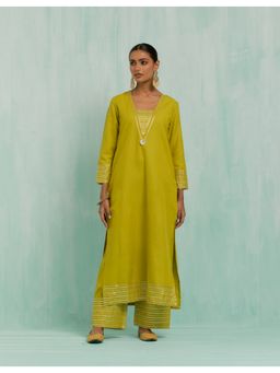 The Indian Cause - Lemon Green Rukhsaar Straight Kurta & Pant with Gota Details (Set of 2)
