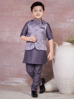 Mini Stitch - Self Designed Mandarin Kurta Pyjama & Jacket For Boys Grey (Set of 3)