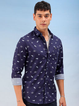 The Indian Garage Co - Men Printed Cutaway Collar Casual Shirt Navy Blue