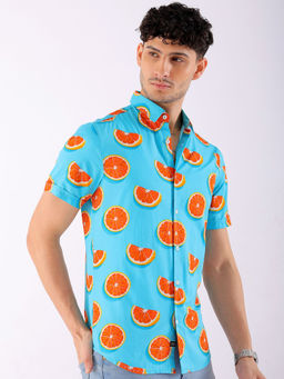 The Indian Garage Co - Men Tropical Cutaway Collar Casual Shirt Turquoise