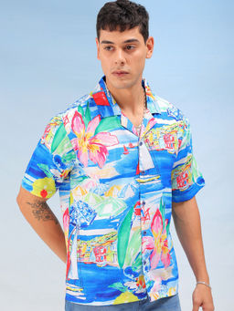 The Indian Garage Co - Men Oversized Tropical Cuban Collar Resort Wear Shirt Blue