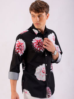 The Indian Garage Co - Men Floral Printed Cutaway Collar Party Wear Shirt Black