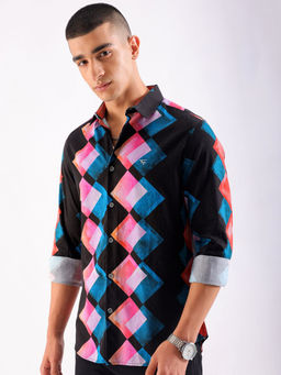 The Indian Garage Co - Men Geometric Printed Cutaway Collar Party Wear Shirt Multi-Color