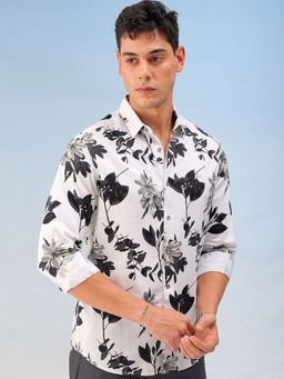 The Indian Garage Co - Men Floral Printed Cutaway Collar Party Wear Shirt White