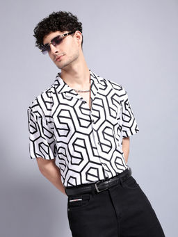 The Indian Garage Co - Men Geometric Printed Cutaway Collar Party Wear Shirt White